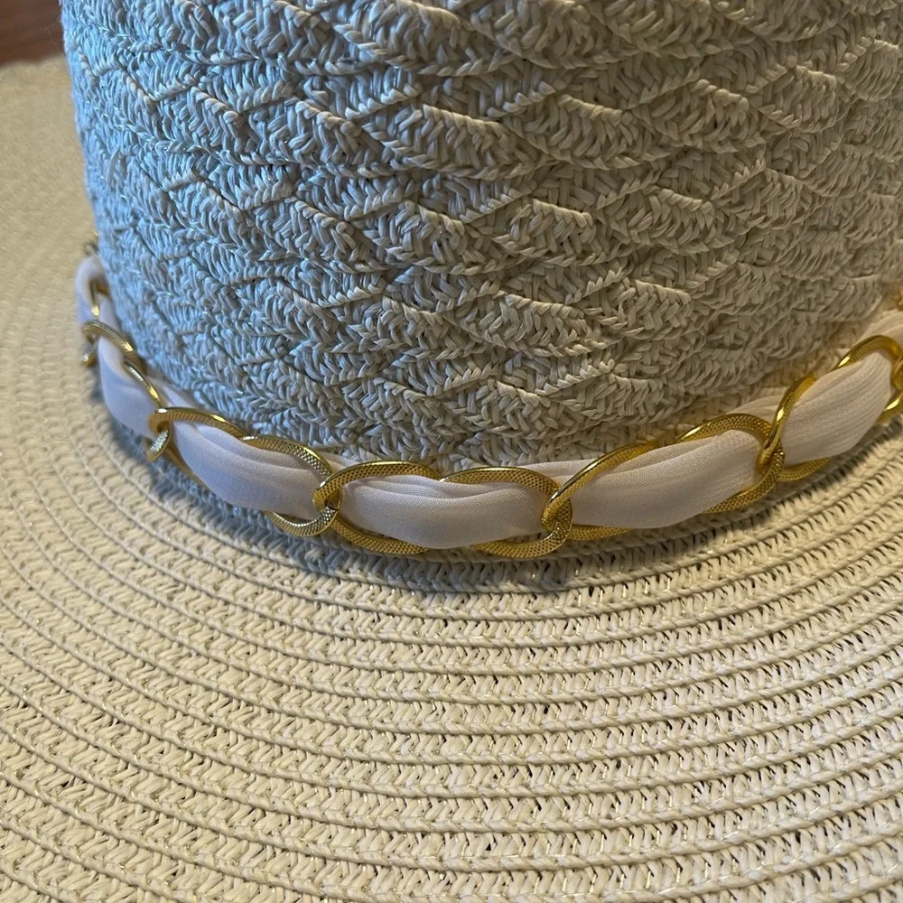 Marcus Adler White Packable Floppy Sun Hat Beach Scarf Trim Wide Brim One Size